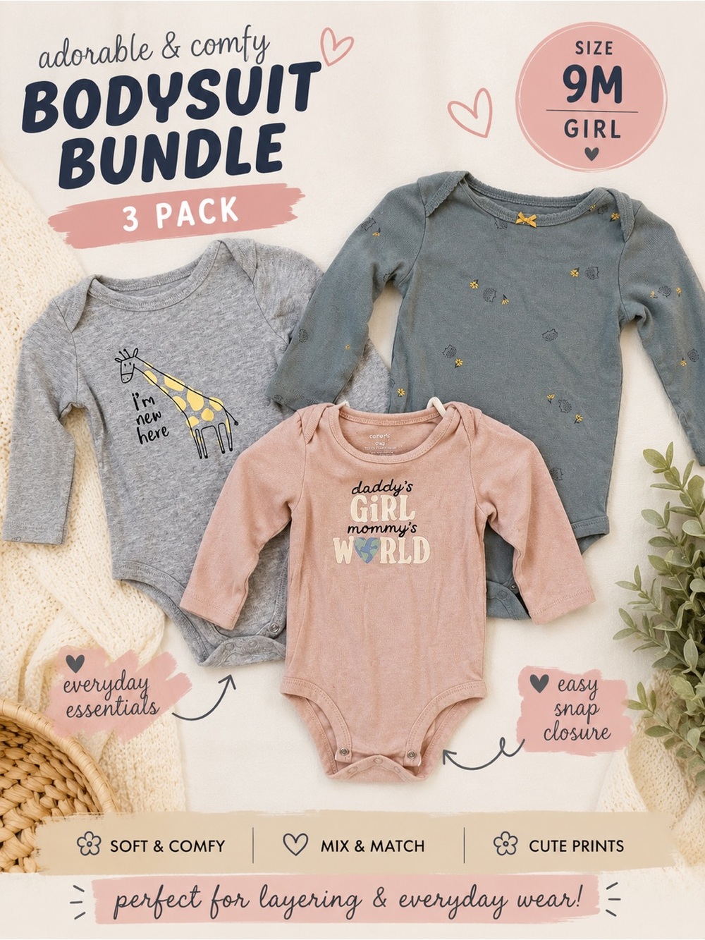 Baby Girl 9M Long Sleeve Bodysuit Lot of 3 Carters Baby Essentials